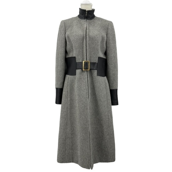 ANDEAN TRADITION Suri Alpaca Wool Leather Trimmed Coat Taupe & Black Size Medium - Picture 1 of 9